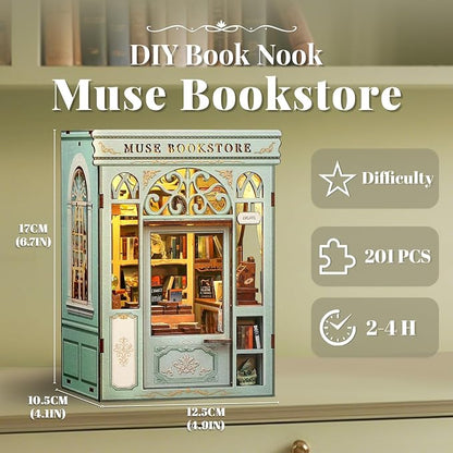 CUTEBEE DIY Book Nook Kit, Miniature House Kits for Adult and Teens, DIY Miniature Book Nook kit with Sensor Led Light, Gifts for Lovers and Family (Muse Bookstore)
