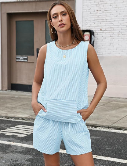 LOMON Women's Trendy 2 Piece Outfits Shorts Sets Summer Crew Neck Sleeveless Tank Top and Bottom Matching with Pockets 2026
