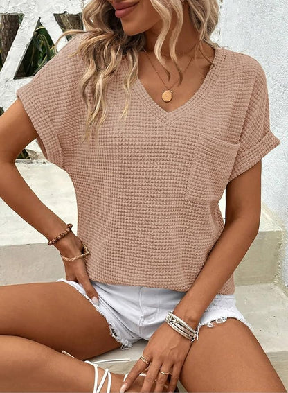 Dokotoo Womens Waffle Knit Tops 2026 Spring Summer V Neck Shirts Casual Trendy Women's Blouses Basic Tee