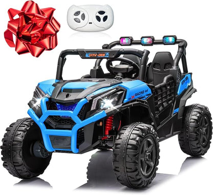 24V 2 Seater Ride on Car for Kids, MOEYURO 800W Powered UTV Toy, 5MPH Large Side by Side Electric Car w/Remote, Bluetooth, LED Light, 3 Speeds, Music, Spring Suspension, Storage for Kids Gift, Blue