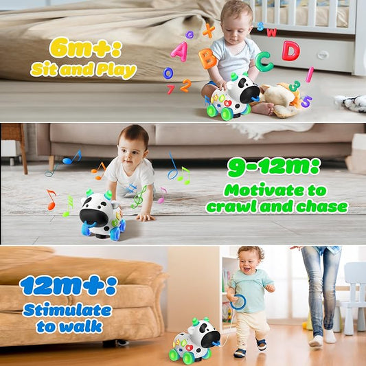 Baby Toys 6-12 Months, Bilingual Musical Cow Crawling & Pull Along Toy, English Spanish Learning Toy with Lights, Animal Sounds, ABC & 123 for Toddlers 12-18 Months, First Birthday Gift for Boys Girls