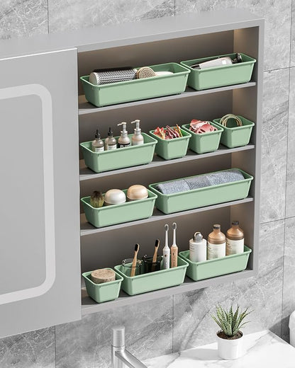 Canfanni 13 Pack Plastic Drawer Organizers Set, 3 Sizes Desk Drawer Organizer Trays for Vanity and Makeup Organizer, Organization and Storage for Makeup, Kitchen Utensils, Bathroom and Office(Green)