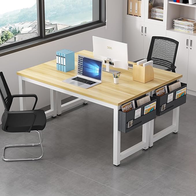 Computer Desk - 63 Inch Large Home Office Desk Wood Study Writing Table Workstation Storage Bag Headphone Hooks Simple Gaming Desk Rustic White/Walnut