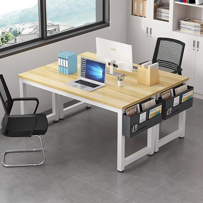 Computer Desk - 63 Inch Large Home Office Desk Wood Study Writing Table Workstation Storage Bag Headphone Hooks Simple Gaming Desk Rustic White/Walnut
