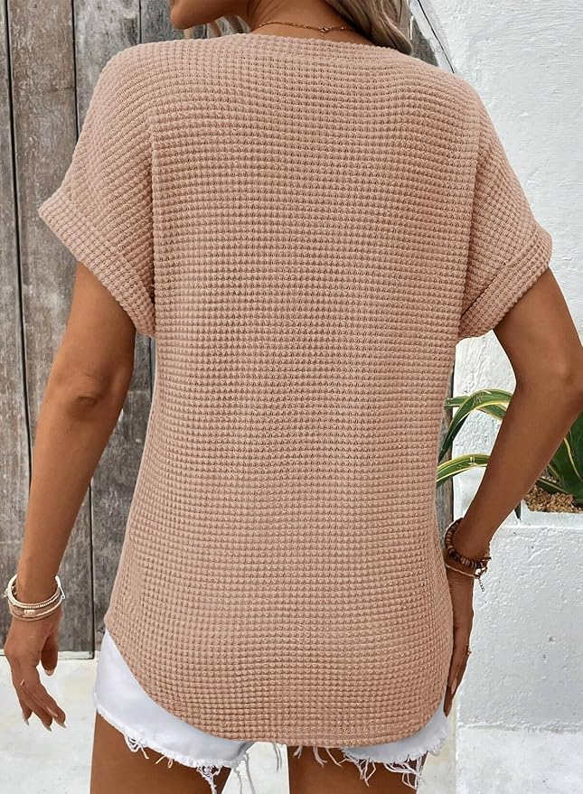 Dokotoo Womens Waffle Knit Tops 2026 Spring Summer V Neck Shirts Casual Trendy Women's Blouses Basic Tee