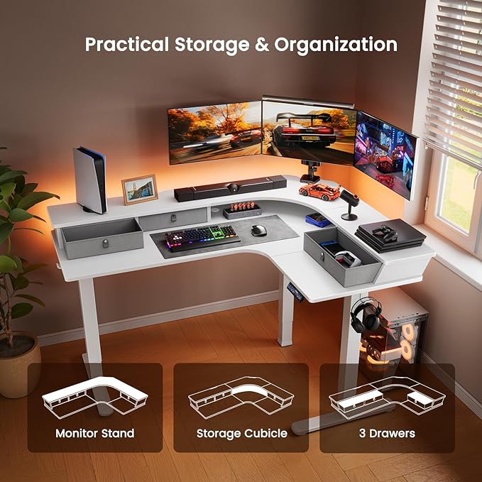 ErGear 65'' L Shaped Standing Desk for Gaming, [3 Drawers & 2 Cable Management Trays] Corner Stand up Desk [Compatible w/C-Clamp Mount] Height Adjustable for Home Office, White