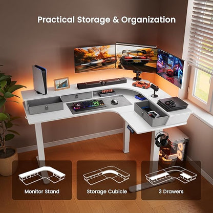 ErGear 65'' L Shaped Standing Desk for Gaming, [3 Drawers & 2 Cable Management Trays] Corner Stand up Desk [Compatible w/C-Clamp Mount] Height Adjustable for Home Office, White