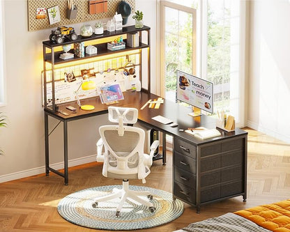 AODK L Shaped Desk Gaming Desk with LED Light & Power Outlet | 59 Inch Black Reversible L Shaped Computer Table with 4 Drawers for Home Office