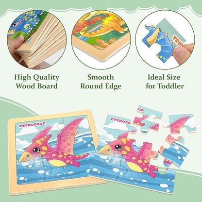 Wooden Dinosaur Puzzles for Toddlers, 8 Pack 9 PCS Jigsaw Puzzles for Kids, Wooden Puzzles for Toddlers 3-5, Dinosaur Toys for Kids 3-5, Preschool Puzzles Learning Educational Sets Toys