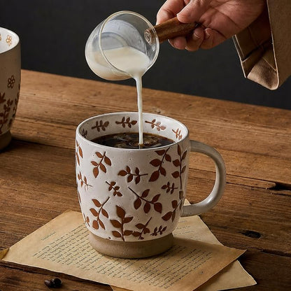 18 Oz Large Ceramic Coffee Mug Set of 2 - Rustic Handmade Floral Mugs with Handle, Microwave Safe for Latte Espresso Cappuccino Tea Cocoa Milk, Modern Unique Big Cups for Kitchen Women(Caramel Brown)