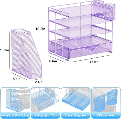 gianotter 5-Tier Desk Organizer with Drawers and File Holders | Letter Trays and Pen Holders - Workspace Accessories for Office Supplies (Light Purple)