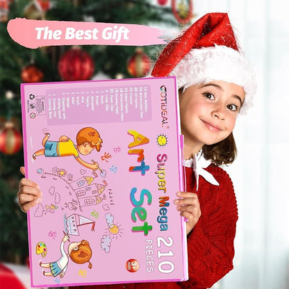 GOTIDEAL Art Supplies,Kids Art Set,210 PCS Art Kit for Kids Age 6-12 with Trifold Easel, Kid Drawing kit with Coloring Book, Crayons, Markers, Watercolor Pens,Gift for Boys and Girls(Pink)