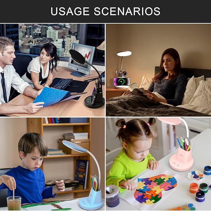 LED Desk Lamp with Wireless Charger for Home Office, Small with Pen Holder, 800LM,3 Color Modes,Gooseneck, Eye-Caring White Desk Lamps for Home College Dorm Room,Pink