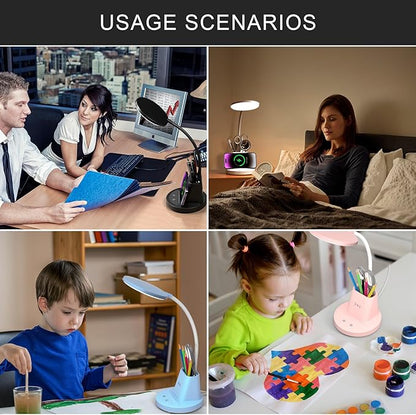 LED Desk Lamp with Wireless Charger for Home Office, Small with Pen Holder, 800LM,3 Color Modes,Gooseneck, Eye-Caring White Desk Lamps for Home College Dorm Room,Pink