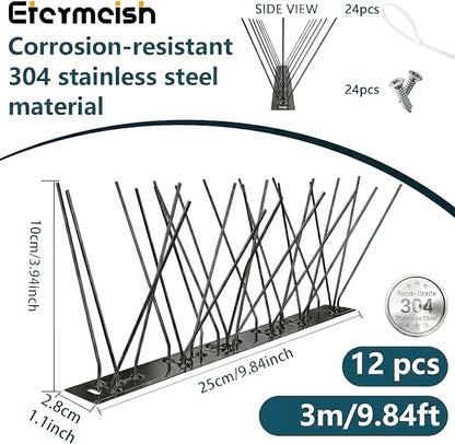Stainless Steel Bird Spikes for Pigeons,Pre-Assembled,Anti Bird Deterrent Spikes for Woodpeckers, Squirrels, Raccoons，Weatherproof Fence Spikes for Roof, Railing,Patio, Black, 9.84 Feet