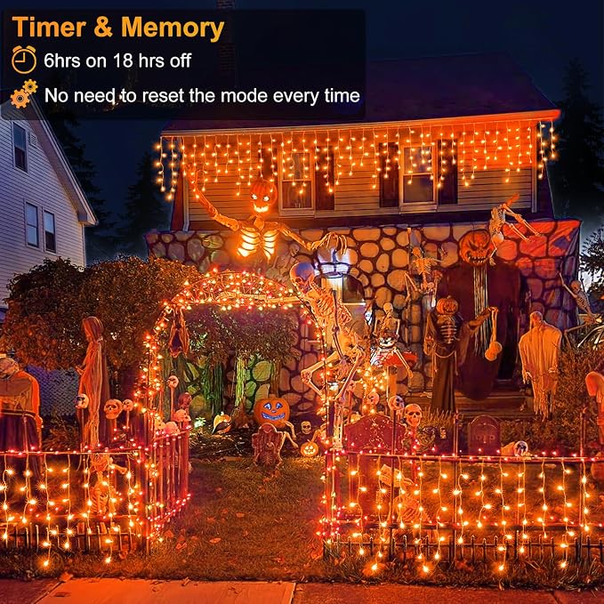 Orange Halloween Lights Outdoor Indoor, 66ft Icicle Lights for Outside, 640 LED Twinkle String Lights with 120 Drops Clear Wire Short Curtain Lights for Room Home Wall Bedroom Decor