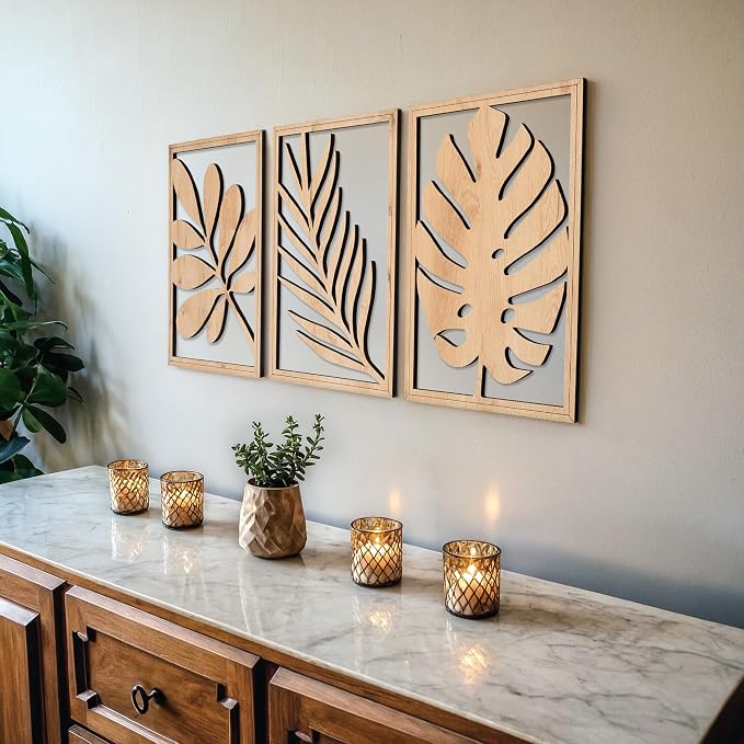 qmmp Modern Wooden Wall Sculptures - Set of 3 - Home Decor Accent - Large Wall Art for Living Room, Bedroom, Office - Easy Installation (Oak, Medium - Tree Leaves)