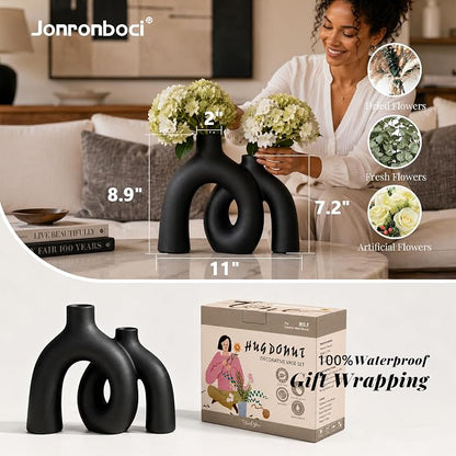 Matte Black Vase Set - Hug Hollow Donut Aesthetic Ceramic Vases Home Decor, Modern Nordic Minimalist Decorative Vase for Table Centerpiece Bookshelf Office Entryway Console Fireplace (Black)