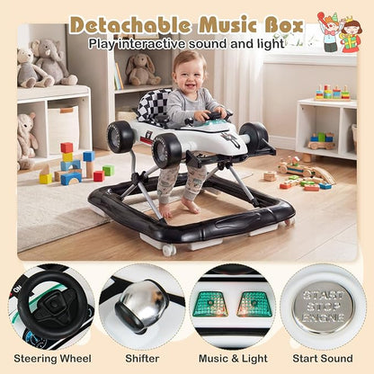 BABY JOY 4-in-1 Baby Walker, Foldable Activity Walker with Push Mode, Adjustable Height, Lights, Anti-Rollover, Baby Walker with Wheels for Boys Girls 6-18 Months (White)