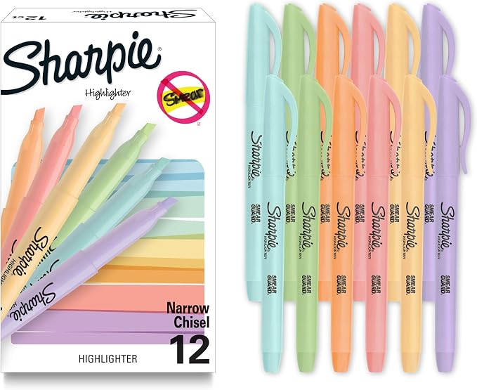 Sharpie Pocket Highlighters, Mild Pastel Colors, Assorted, Chisel Tip, 12 Count - School, Home, and Office Use, Teacher Supplies (Pack of 12)