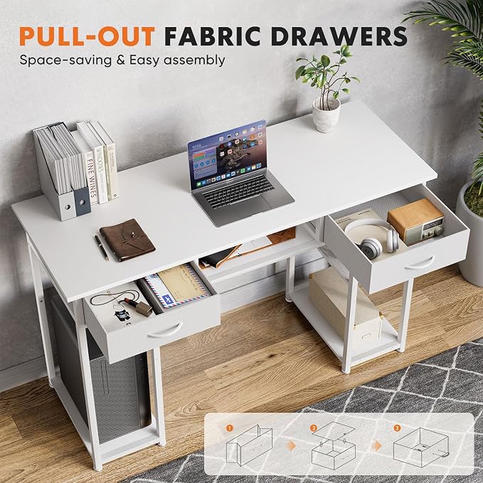 47 Inch Computer Desk with 2 Drawers, Home Office Desk with Wooden Shelves, Study Writing PC Table for Small Spaces, Bedroom, Dorm or Living Room, White