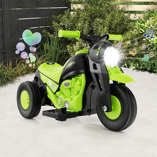 Costzon Kids Motorcycle, 6V Battery Powered Ride on Motorcycle with Bubble Maker, Music, LED Headlight, Forward & Backward, 3 Wheels Electric Motorcycle for Kids, Gift for Boys & Girls (Green)