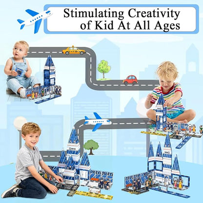 AFUNX Magnetic Tiles, 54PCS Airport Theme Building Blocks Set, Magnet Building Blocks and STEM Preschool Educational Toys for Kids Toddlers Ages 3-5 5-7 8-10
