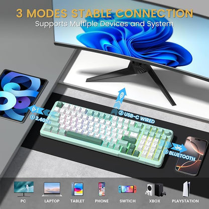Redragon K742 Bluetooth Wireless Mechanical Gaming Keyboard with Knob | BT5.0/2.4GHz/USB C Creamy Keyboard with Number Pad for PC Computer, RGB Backlits, Hot-Swappable with Linear Switches (Green)