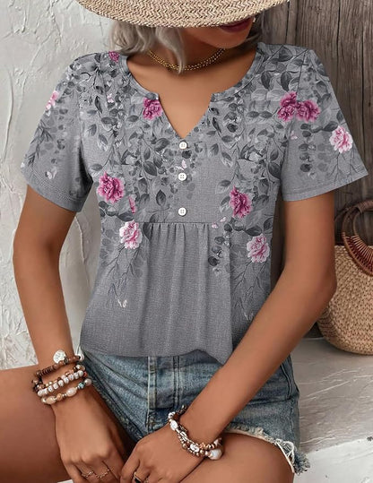 Zeagoo Womens Short Sleeve Tops Summer Henley V-Neck Tshirts Casual Pleated Blouse Dressy Loose Floral Basic Tee