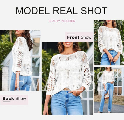 EVALESS Womens Crochet Hollow Out Knit Tops Half Sleeve Spring Summer Sweaters Beach Cover Ups for Women Trendy 2026