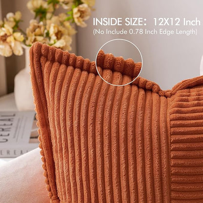 MIULEE Fall Rust Decorative Throw Pillow Covers for Couch Bed Livingroom 12x12 Inch Set of 2 Boho Accent Throw Pllows Broadside Striped Patchwork Soft Corduroy Pillowcases, Terracotta