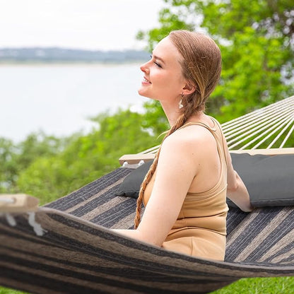 SUNCREAT Double Quilted Hammock with Hardwood Spreader Bar, Extra Large Soft Pillow, Heavy Duty 2 Person Hammock for Indoor, Outdoor, Gray Stripes
