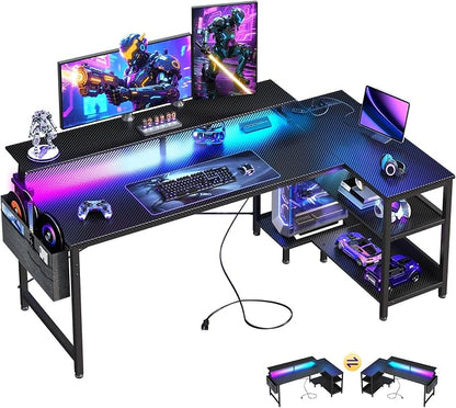 ODK 58 Inch L Shaped Gaming Desk with LED Lights, Power Outlets, Black | Adjustable Monitor Stand, Open Storage Shelves, Hanging Side Bag, PC Tower Stand, Reversible Layout for Gaming
