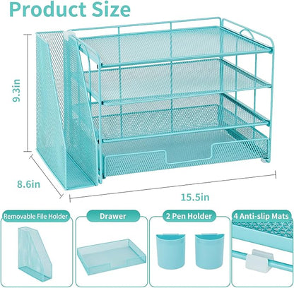 OPNICE Desk Organizer, 4-Tier Desktop File Organizer with Drawer and Pen Holders, Office Desk Accessories, File Sorters, Workspace Organizers for Office Supplies(Teal Blue)