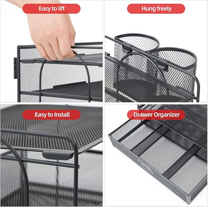 Marbrasse Desk Organizer, 4-Tier Paper File Letter Tray, Black | Sturdy Paper Tray, File Holder, Built-in Drawer, 2 Pen Slots, fits Letters/Files, for School Home Office Supplies