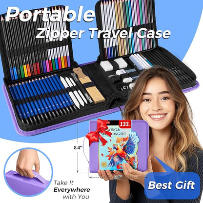 133 Pack Art Supplies Sketching Kit with Sketch Book, Coloring Book, Watercolor Pad, Black Paper Pad, Tutorial, Graphite Colored Charcoal Watercolor & Metallic Pencils for Artists Beginners Adults