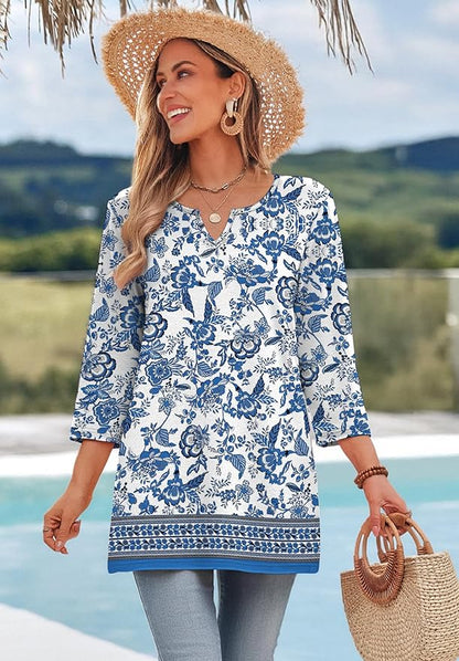 OFEEFAN Summer Boho Tops For Women 3/4 Length Sleeve Womens Tops Vacation Outfits