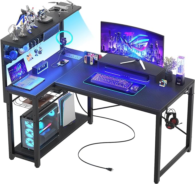 Homieasy Small Gaming Desk with Power Outlets Pegboard LED Light, 43 Inch L Shaped Computer Desk with Monitor Stand Storage Shelves, Reversible Corner Desk with Headset Hooks, Carbon Fiber Black