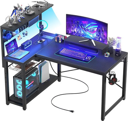 Homieasy Small Gaming Desk with Power Outlets Pegboard LED Light, 43 Inch L Shaped Computer Desk with Monitor Stand Storage Shelves, Reversible Corner Desk with Headset Hooks, Carbon Fiber Black