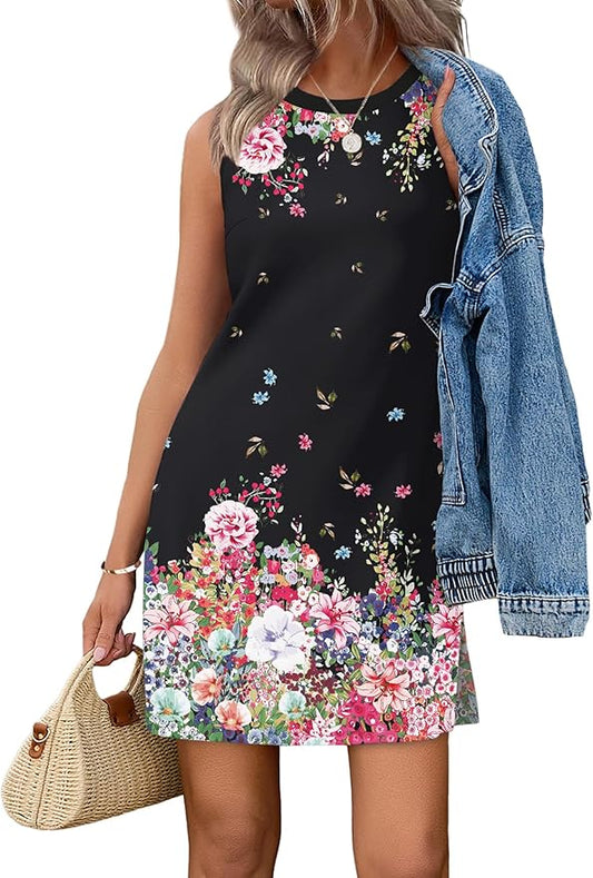 WIHOLL Casual Dresses for Women Crewneck Sleeveless Tank Dress Summer Spring Boho Vacation Clothes