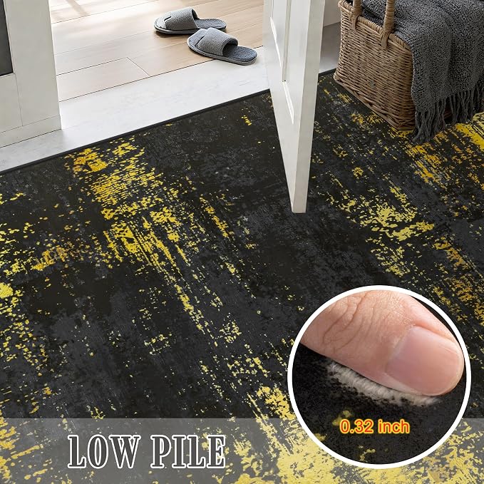 5x7 Area Rug Living Room Rug: Washable Modern Abstract Soft Thin Rug Indoor Floor No Slip Carpet for Bedroom Dining Room Farmhouse Nursery Home Office - Dark Black Gold