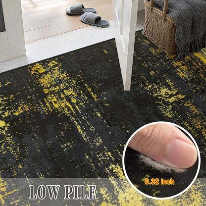 5x7 Area Rug Living Room Rug: Washable Modern Abstract Soft Thin Rug Indoor Floor No Slip Carpet for Bedroom Dining Room Farmhouse Nursery Home Office - Dark Black Gold