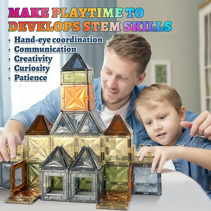 100PCS Magnetic Tiles Montessori Toys Magnetic Blocks Kids Games STEM Classroom Educational Learning Sensory Magnet Natural Toy for Toddler Boys Girls 3+ Year Old with 2 Cars