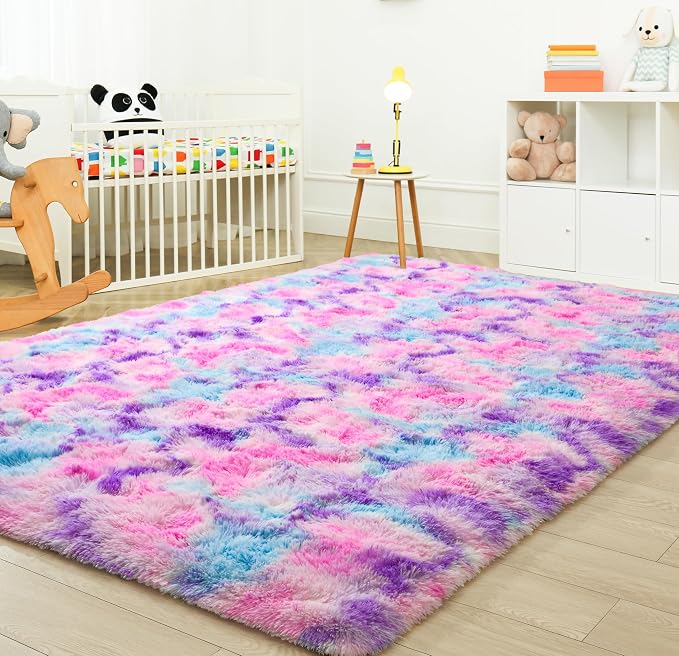 Tepook Pink Blue Purple Area Rug for Girls Room, Fluffy 8x10 Cute Soft Colorful Kids Rugs for Bedroom Dorm Classroom Nursery Playroom, Fuzzy Shaggy Rainbow Princess Carpet for Toddler Home Decor