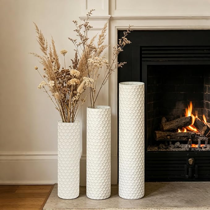 White Tall Floor Vase - Set of 3 Large Metal Decorative Vases for Living Room, 27.6in Long Modern Minimalist Big Cylinder Standing Rustic Boho Corner Decor for Farmhouse Entryway Pampas Grass