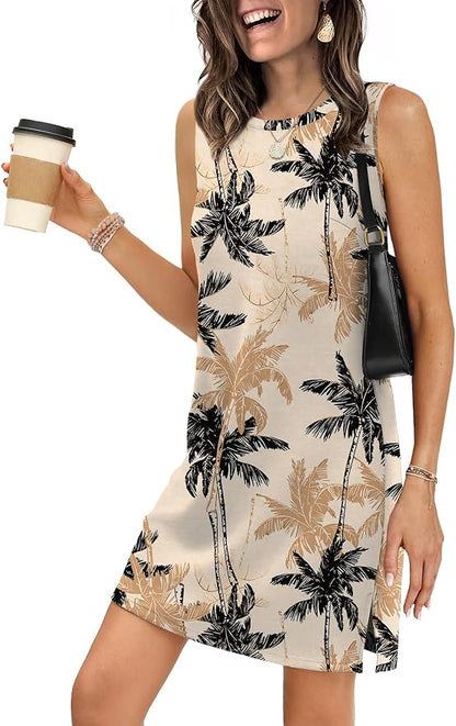 WIHOLL Casual Dresses for Women Crewneck Sleeveless Tank Dress Summer Spring Boho Vacation Clothes