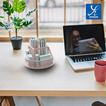 YINGHUA Metal Mesh Desk Organizer with 5 Compartments and Rotating Pencil Holder Pen and Stationery Organizer for Office Home School Anti Slip Base Pink