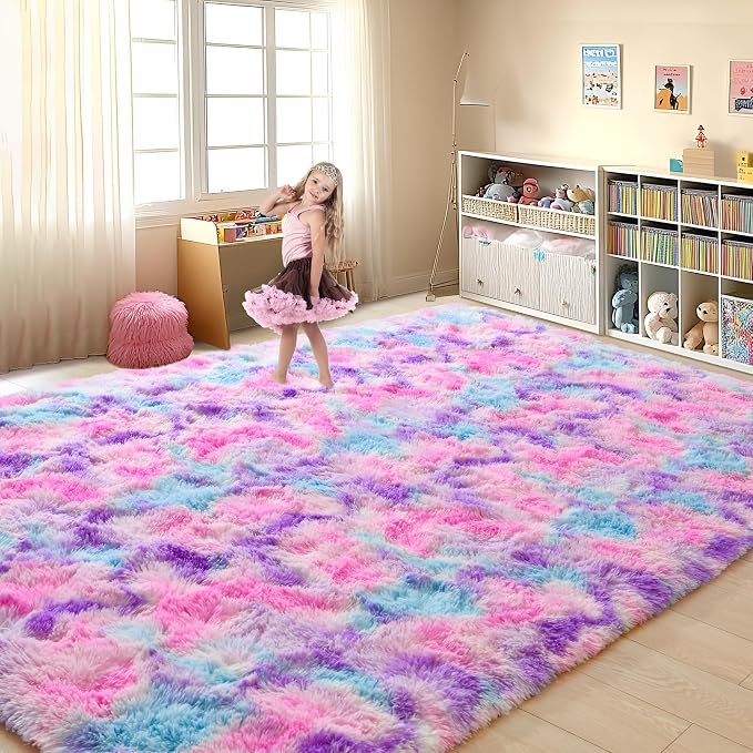Tepook Pink Blue Purple Area Rug for Girls Room, Fluffy 8x10 Cute Soft Colorful Kids Rugs for Bedroom Dorm Classroom Nursery Playroom, Fuzzy Shaggy Rainbow Princess Carpet for Toddler Home Decor