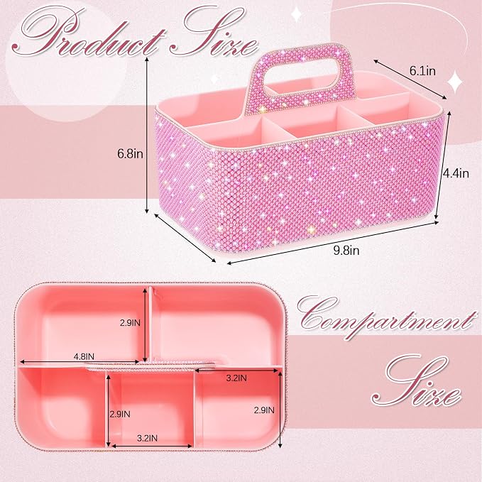 Marspark Bling Makeup Caddy Organizer with Handle, Sparkly Art Craft Holder, Glitter Bathroom Hair Caddy, Shimmer Pen Pencil Holder for Women Desk Organizer, Bling Gifts for Women(Pink,Pearl Diamond)