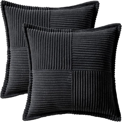 MIULEE Decorative Throw Pillow Covers for Couch Bed Livingroom 18x18 Inch Set of 2 Black Boho Accent Throw Pllows Broadside Striped Patchwork Soft Corduroy Pillowcases